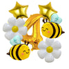A set of six aluminum foil daisy balloons in white and yellow, including star and bee shapes.