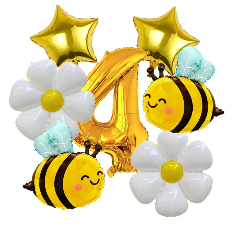 A set of six aluminum foil daisy balloons in white and yellow, including star and bee shapes.