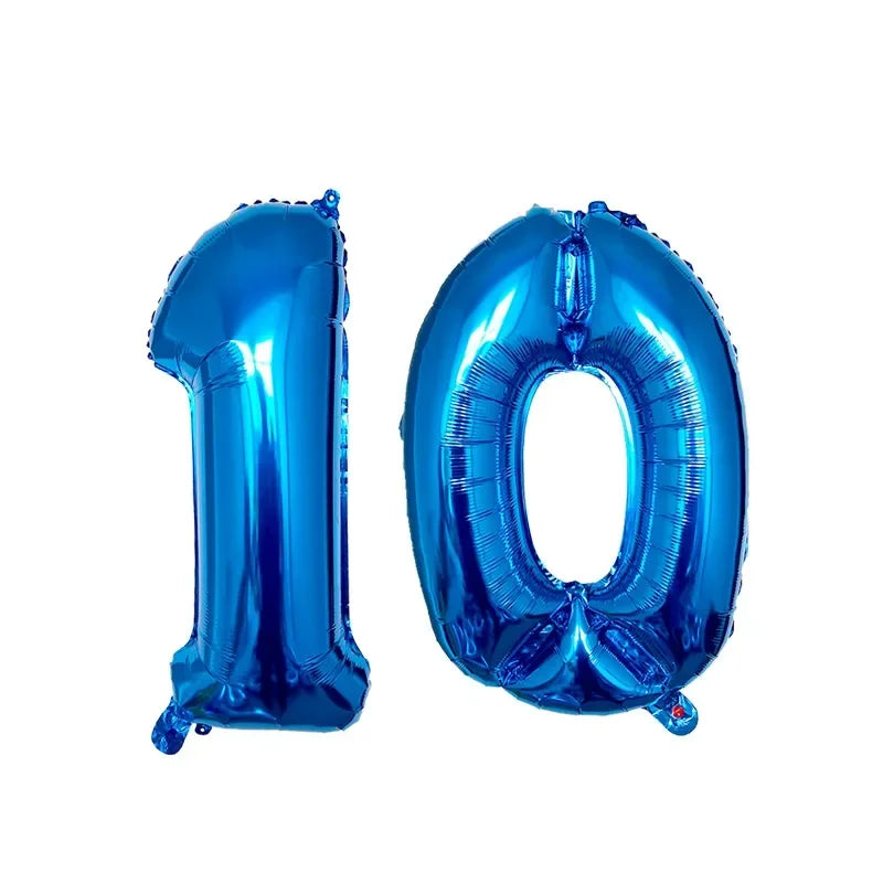 Two shiny blue helium foil number balloons spelling out 10