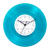 A bright turquoise vinyl record wall clock with a white face and black hands displaying midnight.