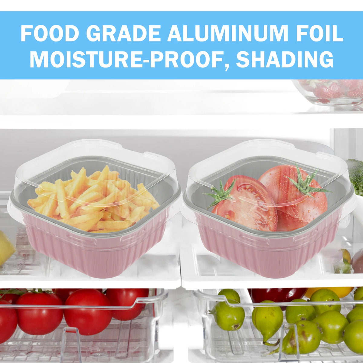 A set of reusable food grade aluminum foil baking cups with lids and spoons, showing various foods like french fries, sliced 