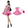 A pink handmade doll dress gown with floral accents displayed on a mannequin.