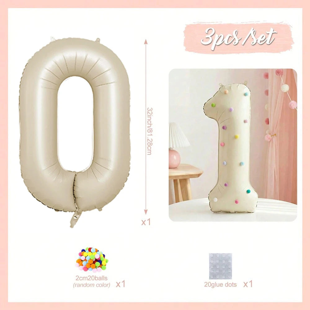 A set of three 32 inch Milky White aluminum foil number balloons, one large number and two smaller dots.