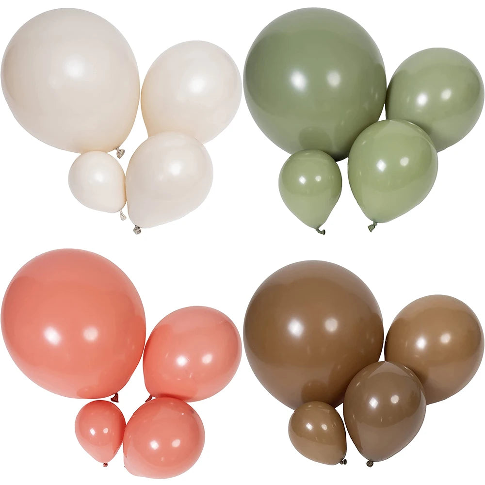 A collection of elegant sand white and olive green latex balloons for weddings and celebrations.