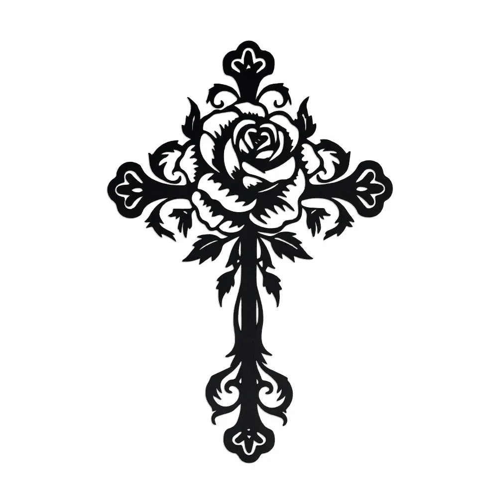 Black silhouette of an elegant rose cross metal wall decor for faith-inspired home styling