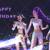 Three female fantasy characters in white and purple attire with glowing swords against a dark background for a birthday backd