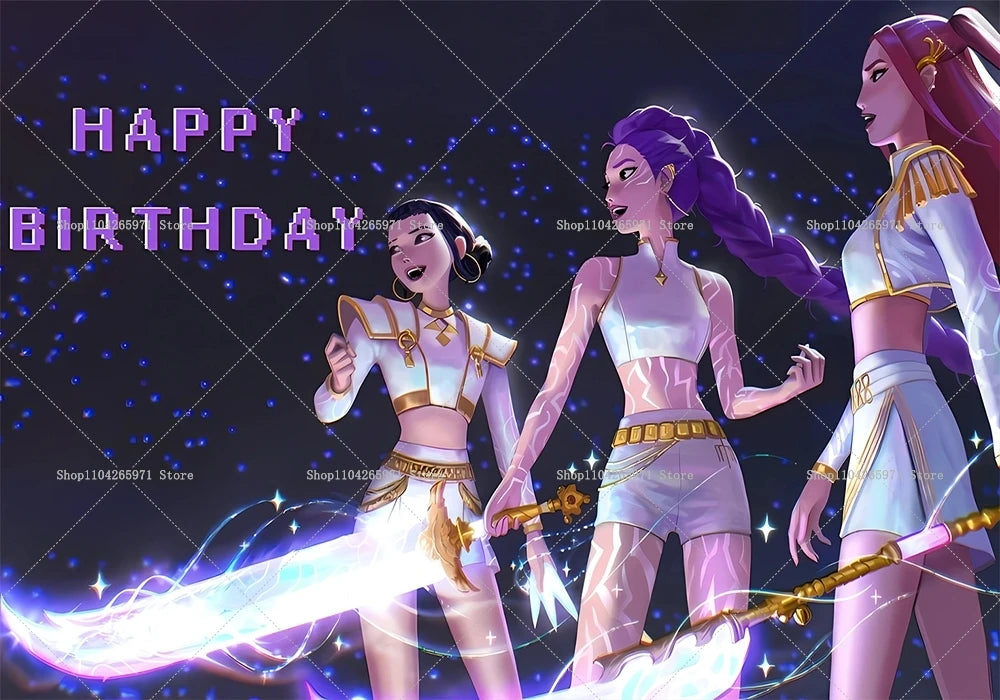Three female fantasy characters in white and purple attire with glowing swords against a dark background for a birthday backd