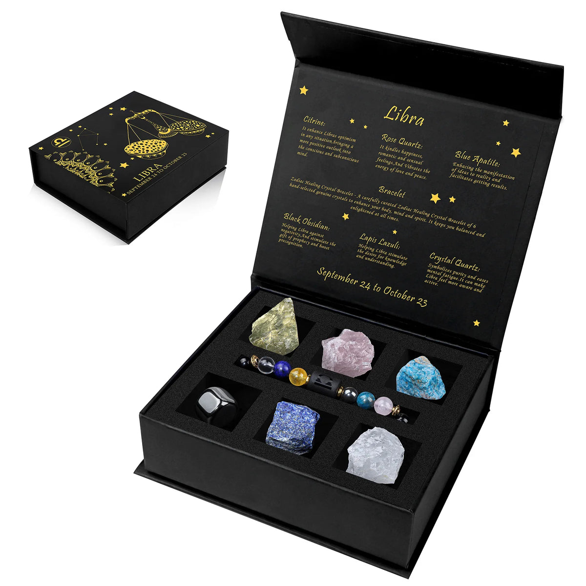 A black gift box containing a natural stone zodiac bracelet and various crystals, labeled Libra.