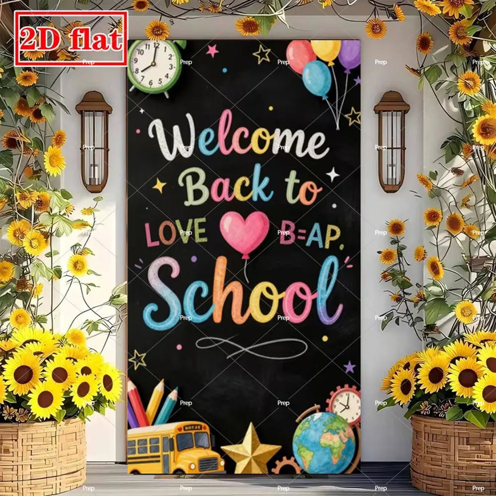 A classroom door banner decorated with a welcome back to school message, featuring hearts, stars, and a yellow sunflower arra