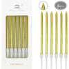 A set of 6 gold birthday candles in a plastic holder with white tips.
