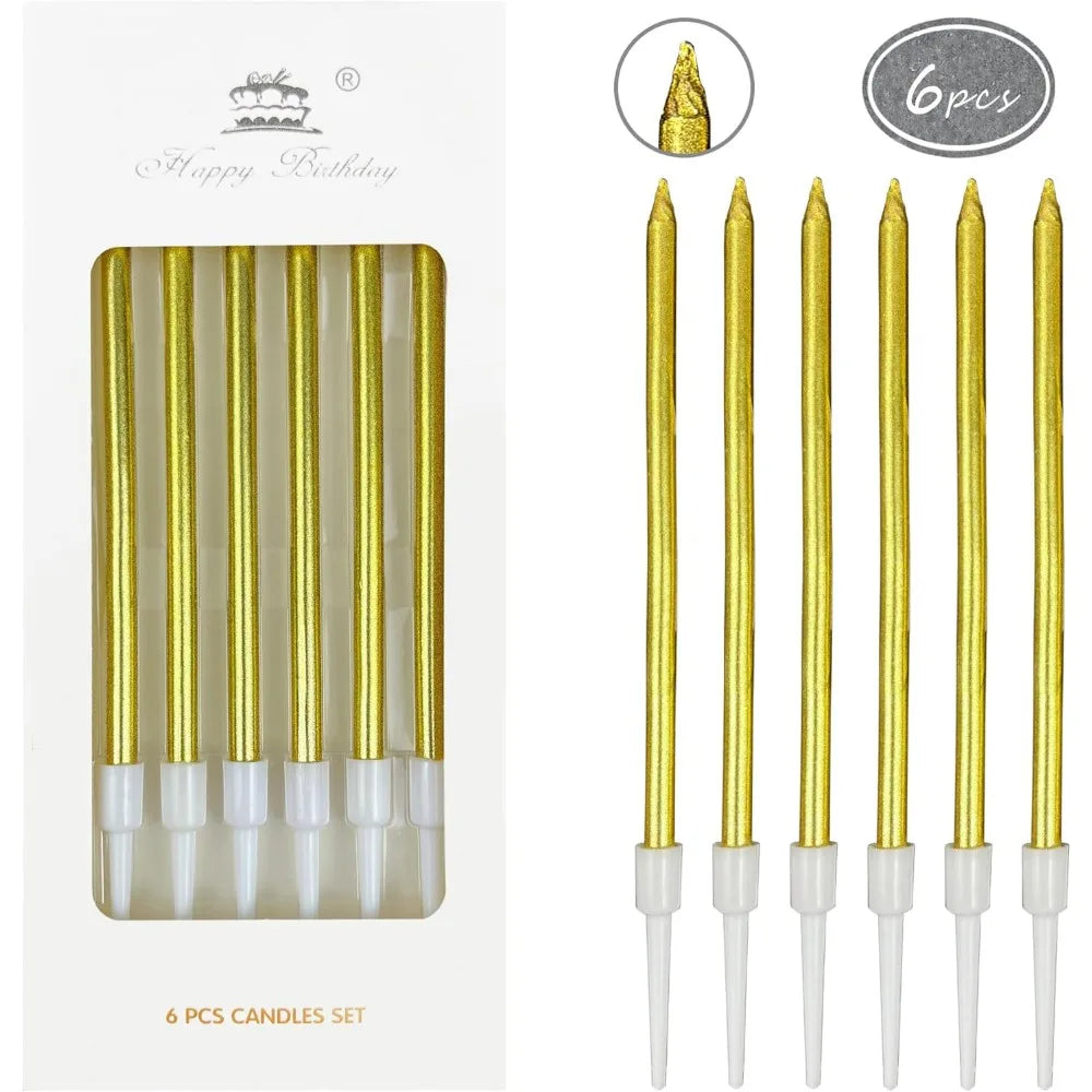 A set of 6 gold birthday candles in a plastic holder with white tips.