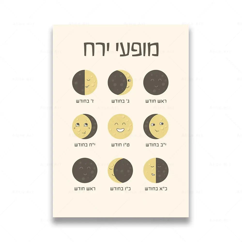 A beige canvas art print featuring illustrations of the Hebrew alphabet letters in a boho style.