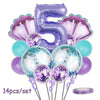 A set of 14 purple and blue foil balloons shaped like the number five for a party decoration.