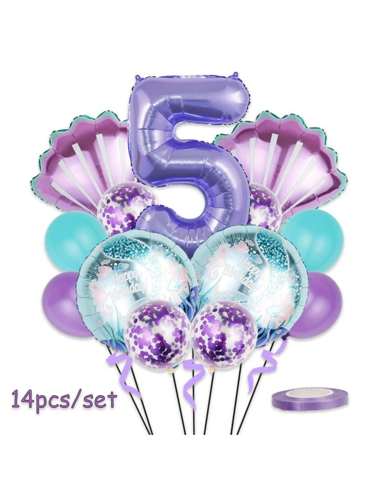 A set of 14 purple and blue foil balloons shaped like the number five for a party decoration.