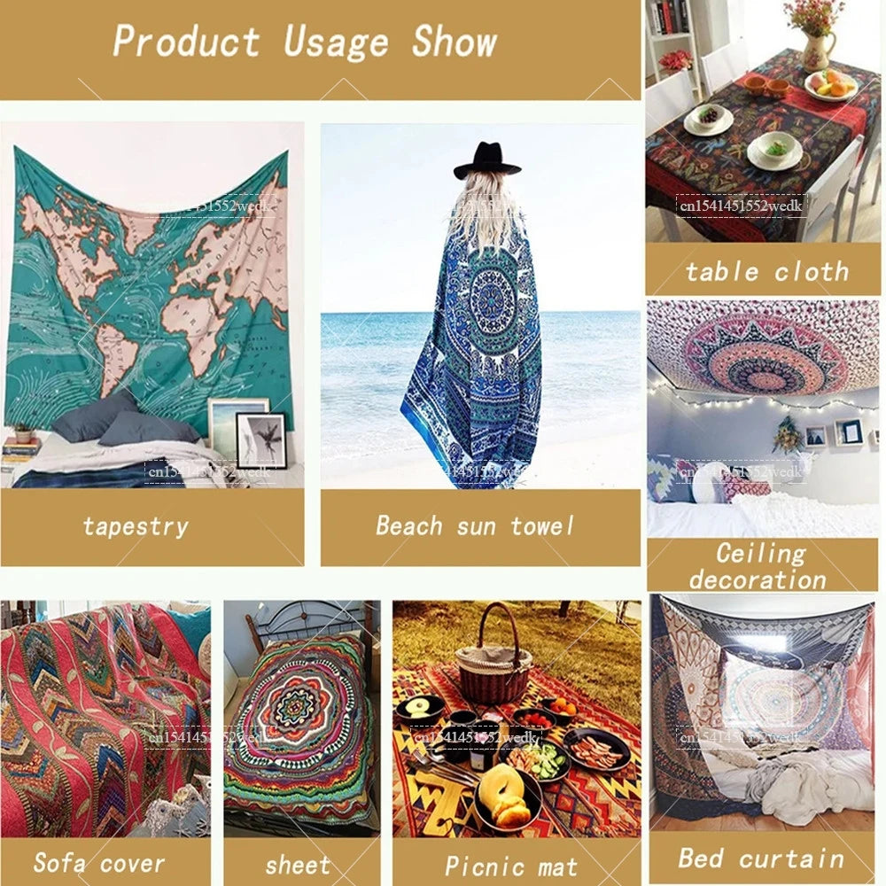 A colorful tapestry featuring a custom photo design displayed on a wall.