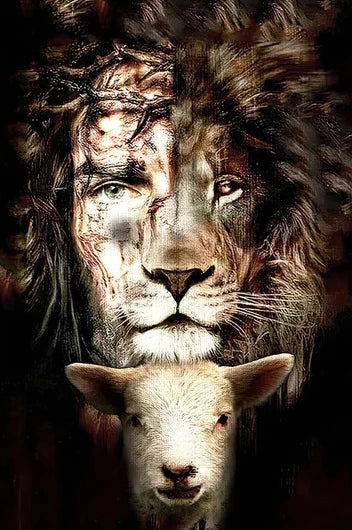 A dramatic painting featuring a lion's face above a lamb's head.