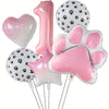 A set of six foil balloons including a pink heart, number one, and paw print shapes in white and pink.