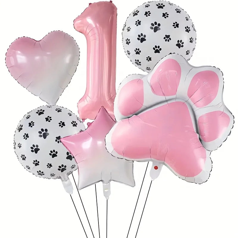 A set of six foil balloons including a pink heart, number one, and paw print shapes in white and pink.