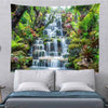Panoramic waterfall rainforest tapestry wall art featuring lush green foliage and cascading water.