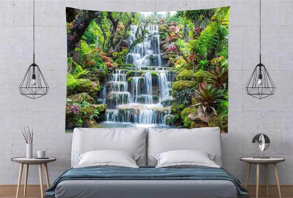 Panoramic waterfall rainforest tapestry wall art featuring lush green foliage and cascading water.