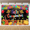 A vibrant backdrop banner featuring a Mexican carnival theme with colorful paper decorations and festive elements.