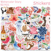 A collection of watercolor stickers featuring various animals, plants, and objects for diary and DIY projects.