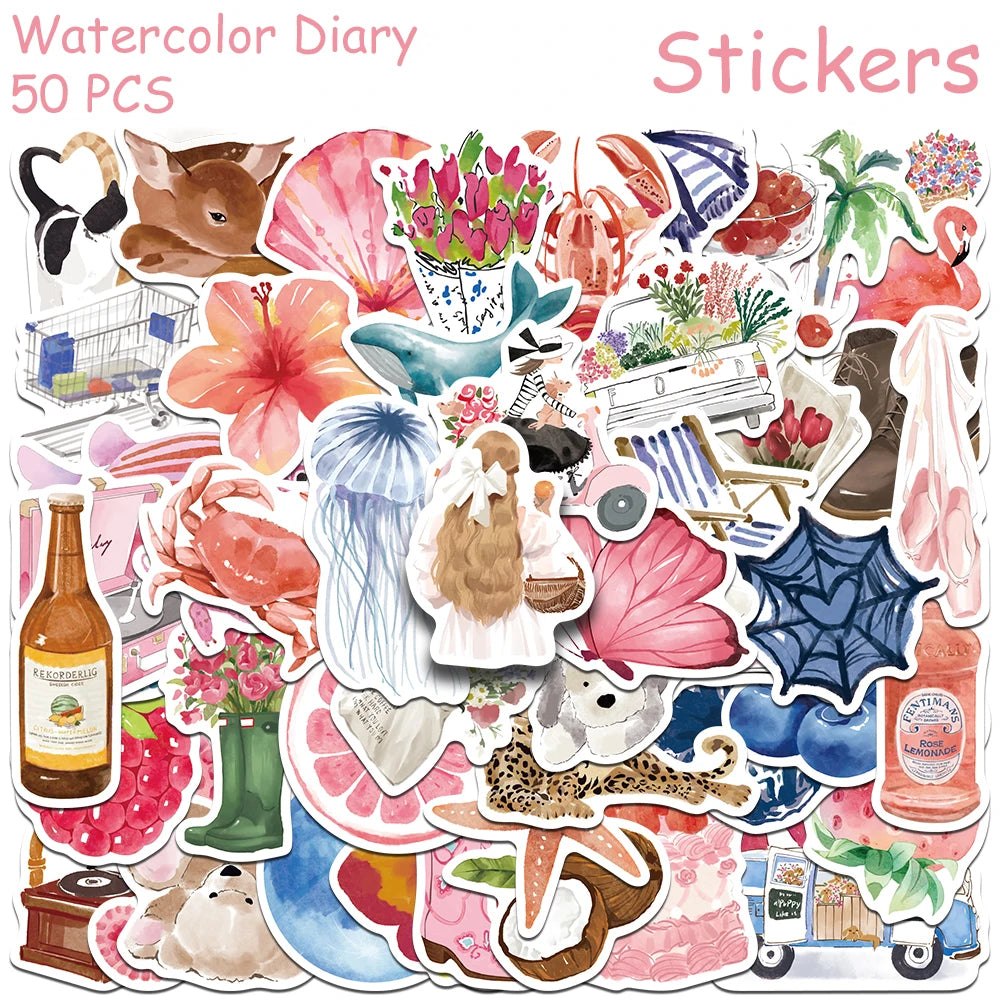 A collection of watercolor stickers featuring various animals, plants, and objects for diary and DIY projects.