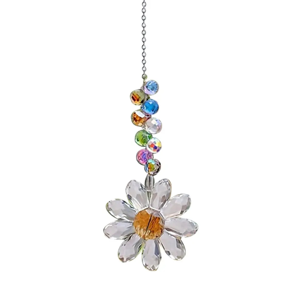Pendentif de fleur en cristal tournesol avec perles multicolores et charm floral transparent.
