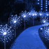 Un chemin bordé de feux d'artifice LED bleus illuminant le jardin nocturne.