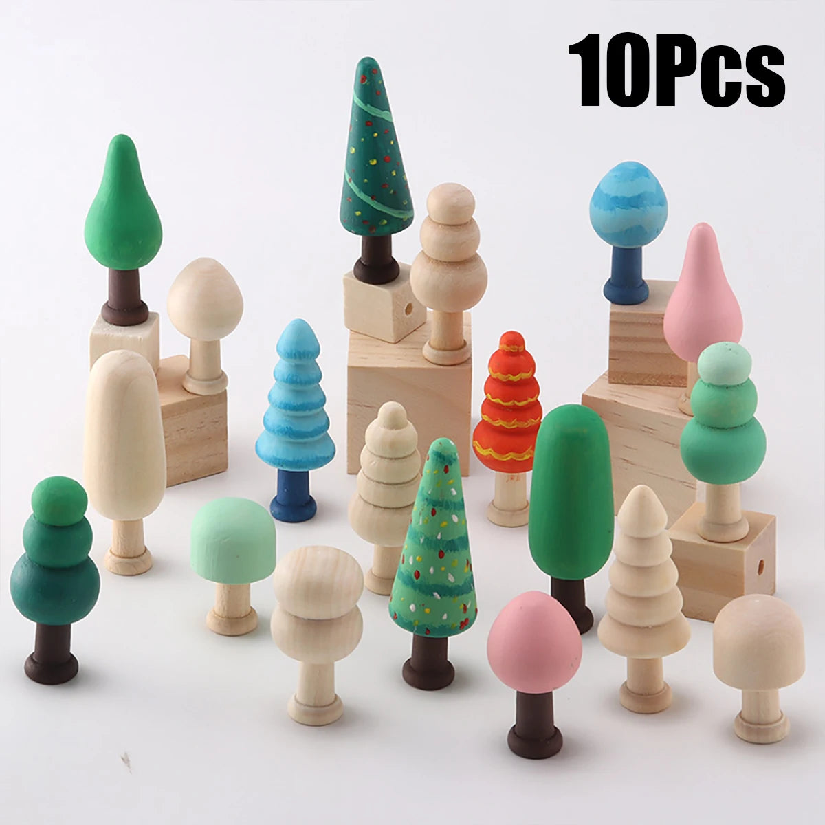 A set of ten wooden Christmas tree ornaments in various shades of green, pink, and orange.