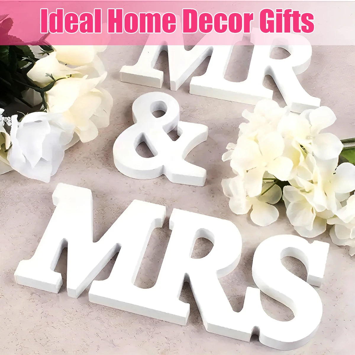 White wooden letters spelling out IMR & MRS surrounded by white flowers for home decor gifts