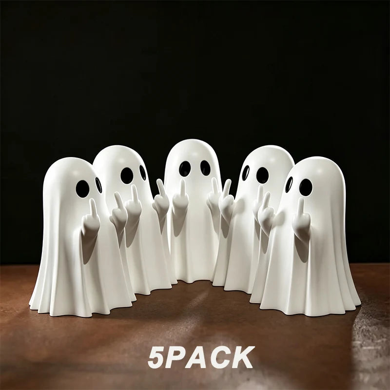 A pack of five white ghost figurines with playful poses arranged on a dark wooden surface.