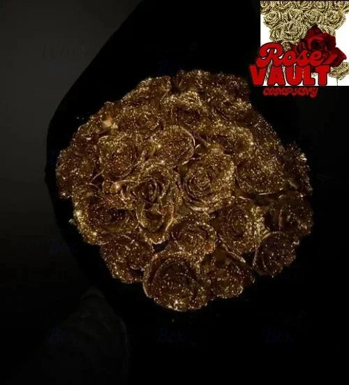 A pile of gold glitter artificial roses used for DIY crafts and gifting.
