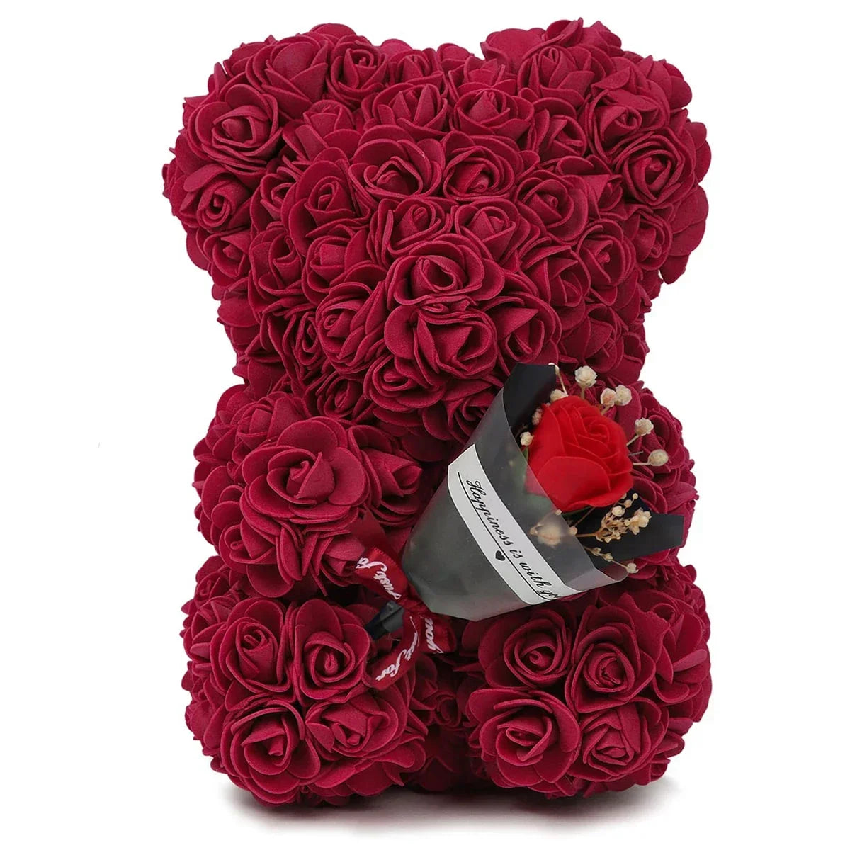 Herzförmiger Teddybär aus tiefroten künstlichen Rosen für romantische Dekoration