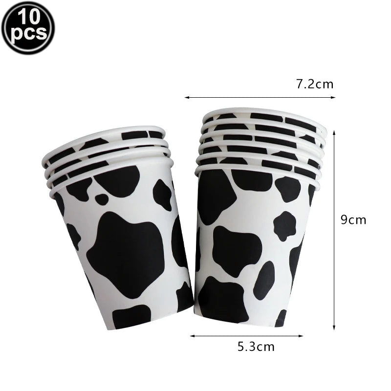 Ten black and white cow print paper cups for farm-themed parties