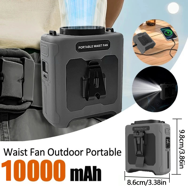 Portable waist fan in gray with a clip and built-in flashlight shown against a person's clothing.