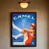 Vintage poster featuring a woman in an orange dress and white pants with smoke effects, advertising Camel cigarettes.