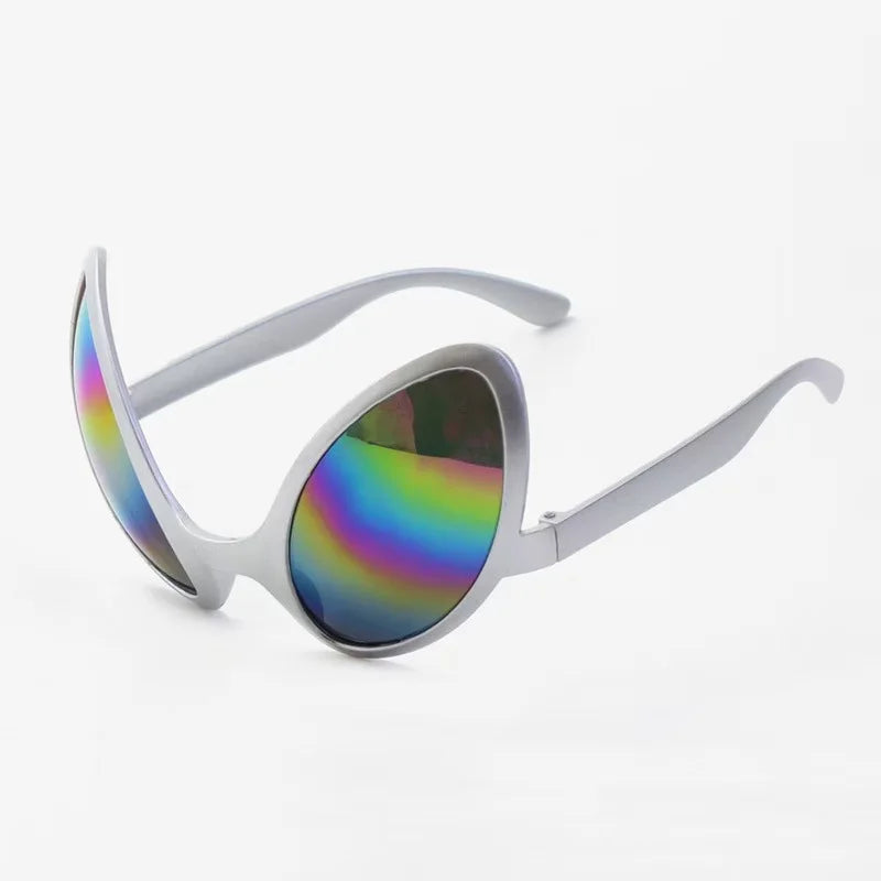 A pair of green alien sunglasses with a quirky design and silver frames.