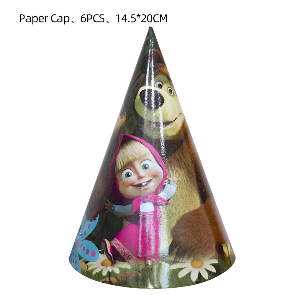 A paper cap shaped like a bear's face featuring a child, used for birthday party supplies.