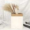 A bouquet of dried pampas grass flowers in various shades of beige and brown displayed in a white box against a sheer white b