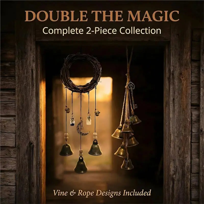 A collection of vine and rope designs featuring brass witch bells displayed in a wooden doorway.
