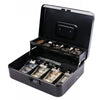 A black durable metal cash storage box with a lock, open to reveal compartments for storing currency.