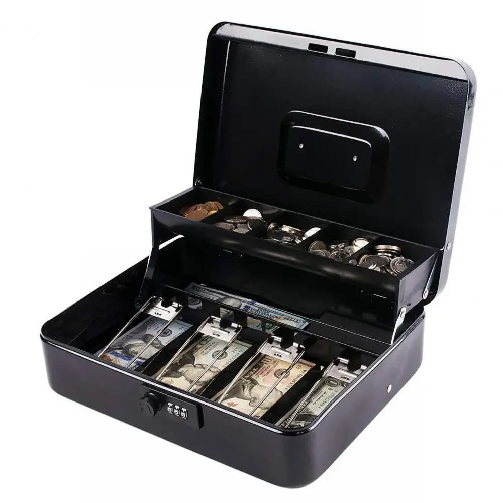 A black durable metal cash storage box with a lock, open to reveal compartments for storing currency.