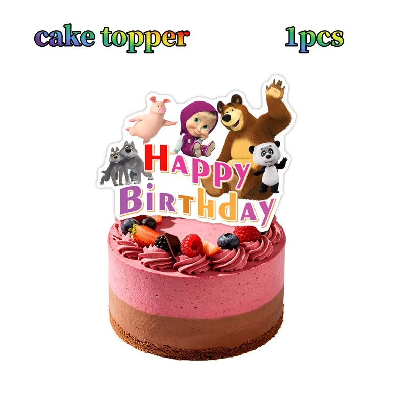 A cake topper featuring cartoon animals like a bear, a mouse, and a panda for a birthday celebration.