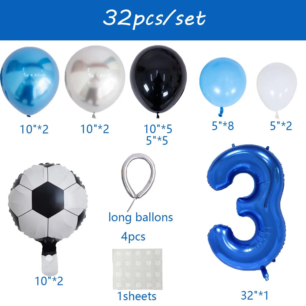 A set of 32 balloons including various sizes and shapes like spheres, footballs, and a large number three for party decoratio