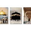 Set of three canvas art pieces featuring Islamic calligraphy and architectural designs.