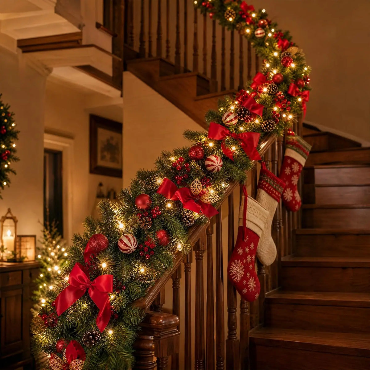 A festive Christmas garland with red bows and lights is displayed along a wooden staircase railing.