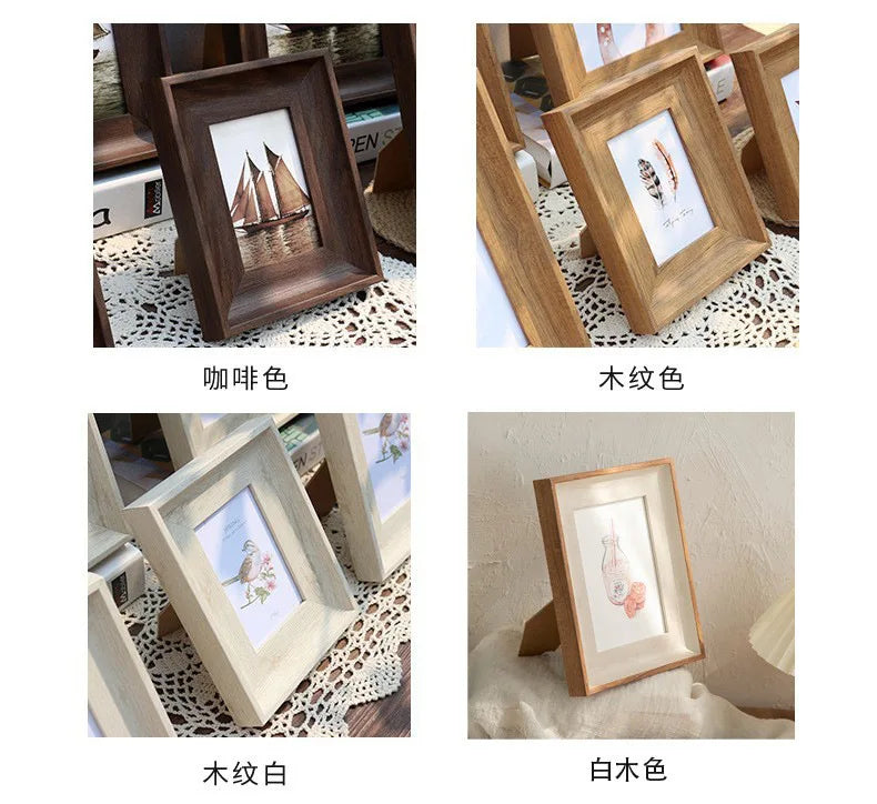 Four photo frames in different wood tones and finishes: dark brown, light wood, white wood, and pure white.