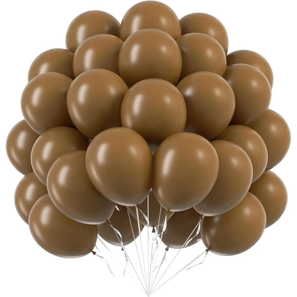 A bunch of assorted brown latex party balloons tied together, ready for celebrations.