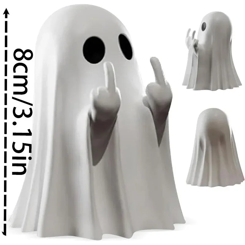 A white ghost figurine with a playful pointing pose, shown in various angles and sizes.